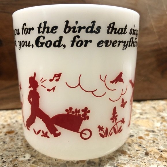 Hazel Atlas Milk Glass Mug White Red Kiddieware Child’s Thank You Prayer Vintage - Picture 3 of 6